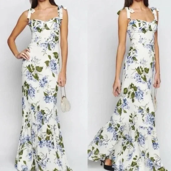 Reformation Jasen Dress - size 8 White and Green Sleeveless Maxi Sundress